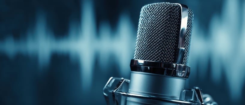 The close-up view of a professional microphone with soundwave backdrop. photo
