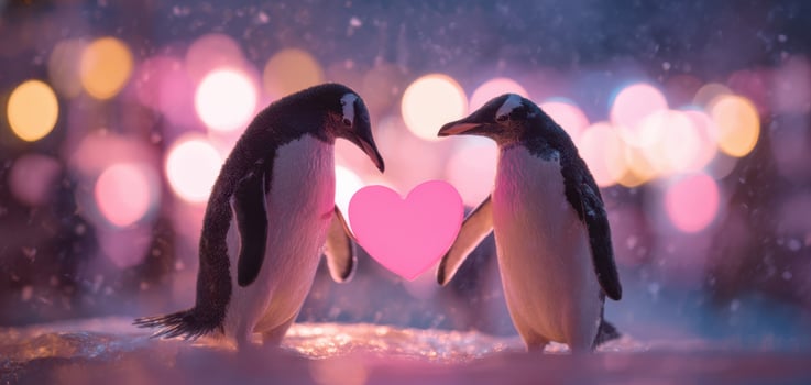 The Loving Penguins Holding a Heart in a Romantic Winter Setting photo