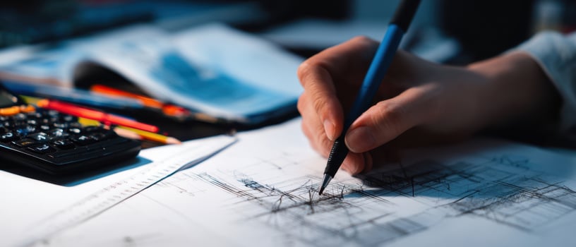 The detailed drawing process of architectural plans with drafting tools. photo