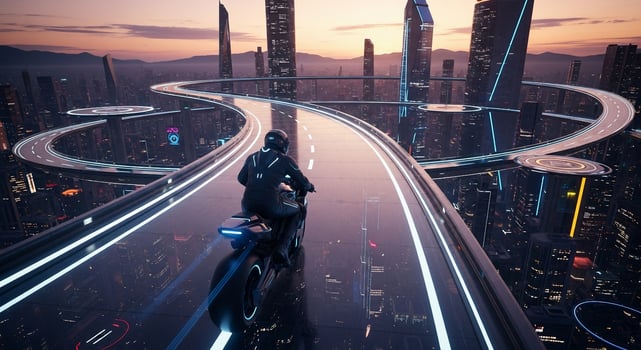 A man riding a motorcycle on a futuristic city street photo