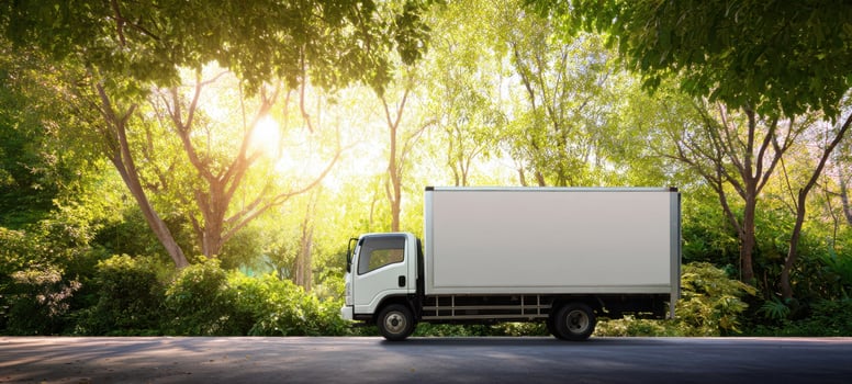The white delivery truck parked peacefully in a lush green environment. photo