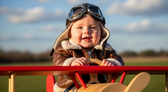 A baby wearing a helmet and goggles sits in a toy airplane photo