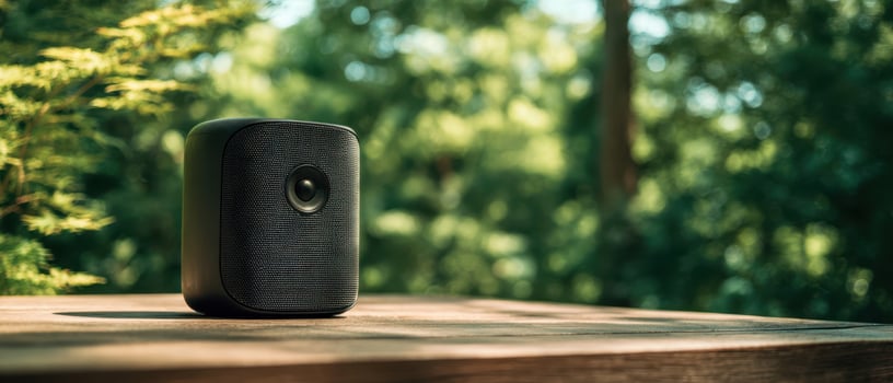 The modern black speaker surrounded by lush greenery in a serene setting. photo
