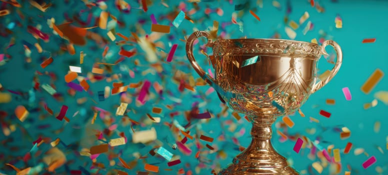 The majestic trophy surrounded by colorful confetti in a festive atmosphere. photo