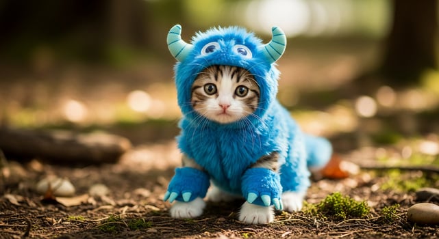 A kitten dressed up in a blue monster costume photo
