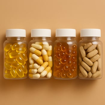 Four plastic jars with different vitamins and supplements on beige background. Capsules and tablets in yellow, orange, and neutral tones. Clean, flatlay style. photo