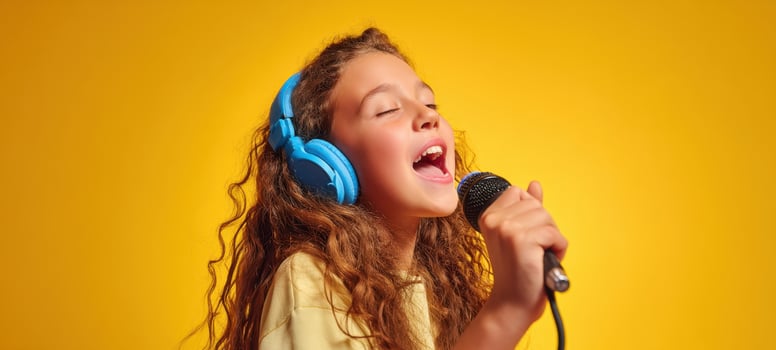 The girl singing passionately with headphones against a vibrant yellow background. photo
