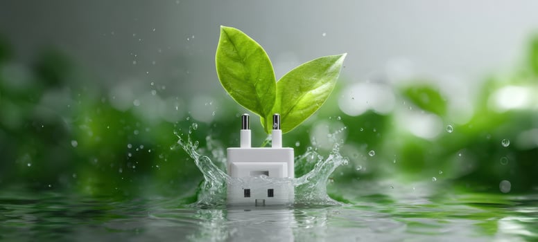 The power plug emerging from water with green leaves symbolizes sustainability. photo