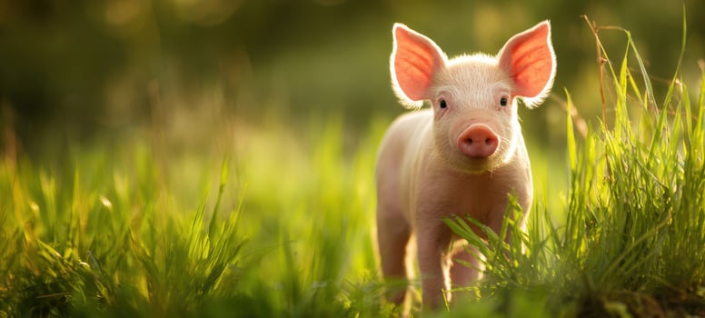 The adorable piglet exploring its lush green surroundings in the sunlight. photo