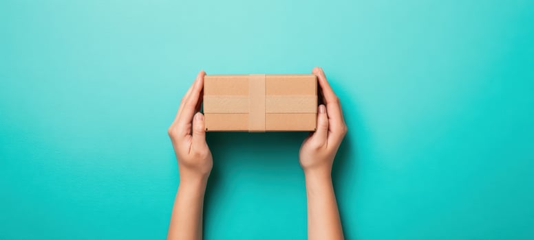 The hands holding a cardboard package against a vibrant teal background. photo