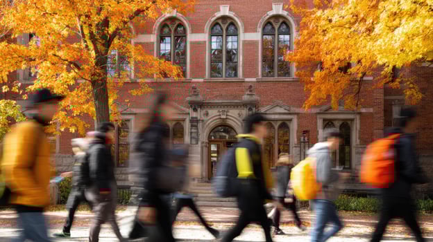 The bustling campus scene with students walking through autumn foliage. photo