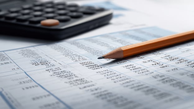 The calculator and pencil on financial spreadsheet for business analysis photo