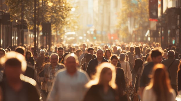 The vibrant street bustling with crowds in warm evening sunlight. photo