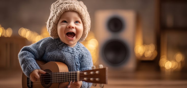 The joyful baby playing the guitar in a cozy, festive environment. photo