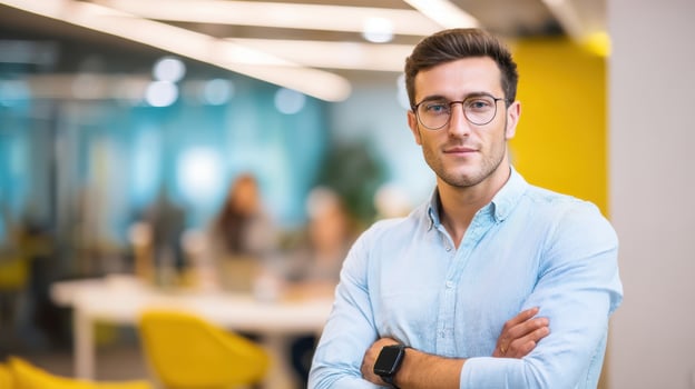 The confident young man in an office setting exuding professionalism and teamwork spirit. photo