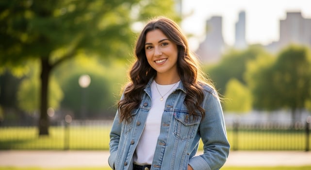 A beautiful young woman in a denim jacket and jeans photo