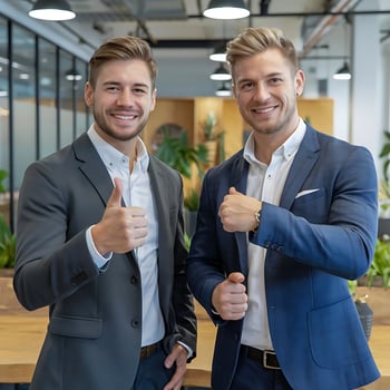 Two smiling businessmen giving thumbs up in modern office colleagues coworkers photo