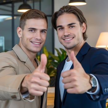 Two smiling men in suits giving thumbs up in an office male gesture photo