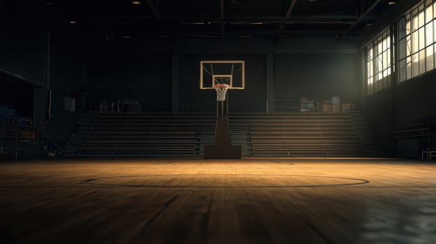 The empty basketball court illuminated in a dimly lit gymnasium. photo