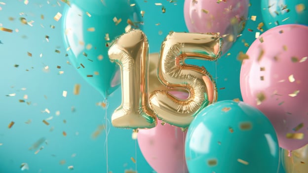 The vibrant celebration of a 15th birthday with balloons and confetti. photo