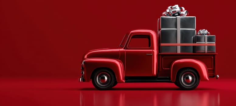 The vintage red truck carrying festive gifts on a vibrant holiday backdrop. photo