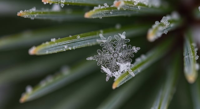 A snowflake is sitting on top of a pine branch photo