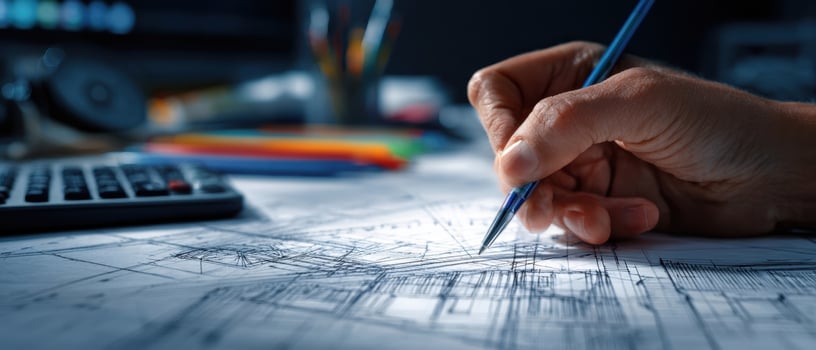 The hand sketching intricate architectural plans on a desk. photo