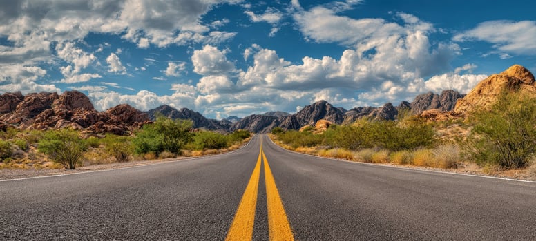 The open road stretching through a picturesque desert landscape under a dramatic sky photo