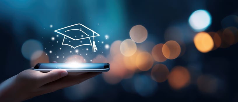 The smartphone displaying a graduation cap and sparkles representing online education success. photo