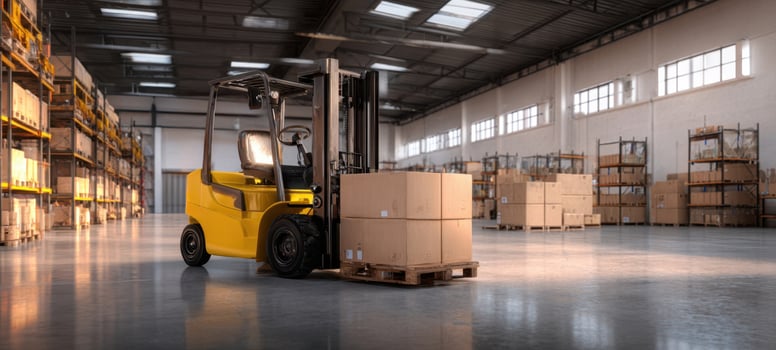 The yellow forklift lifting a box in a modern warehouse setting. photo