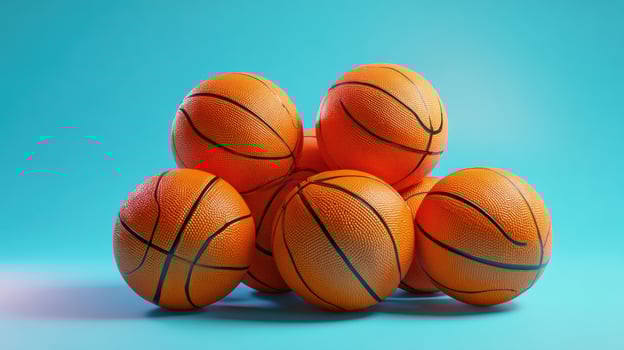The vibrant arrangement of basketballs on a teal backdrop showcasing sports energy. photo