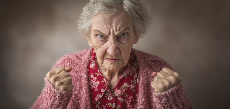 The angry elderly woman with a fierce expression and demanding presence. photo