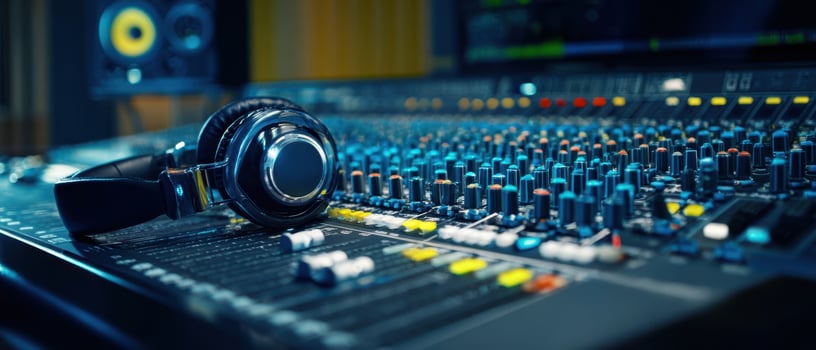 The headphones resting on a professional audio mixing console in a modern studio environment. photo