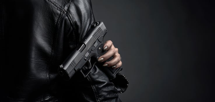 The gun held discreetly by a figure in a leather jacket. photo