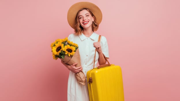 The vibrant young woman holding sunflowers and a yellow suitcase against a pink backdrop. photo