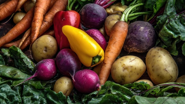 The vibrant assortment of fresh organic vegetables nestled together in a lush display. photo