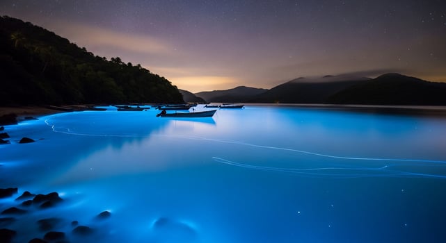 A boat is docked at the shore of a lake at night photo