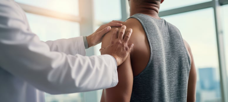 The doctor providing support during a patient's shoulder examination in the clinic. photo