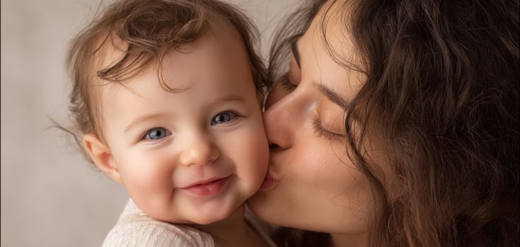 The joyful moment of a mother kissing her smiling baby. photo