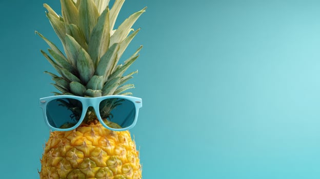 The vibrant pineapple wearing stylish sunglasses against a cheerful blue backdrop. photo