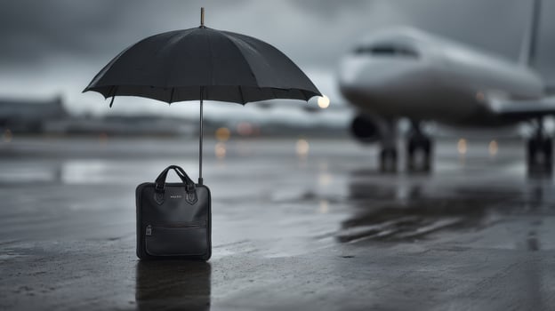The umbrella and suitcase waiting at the airport under a stormy sky photo