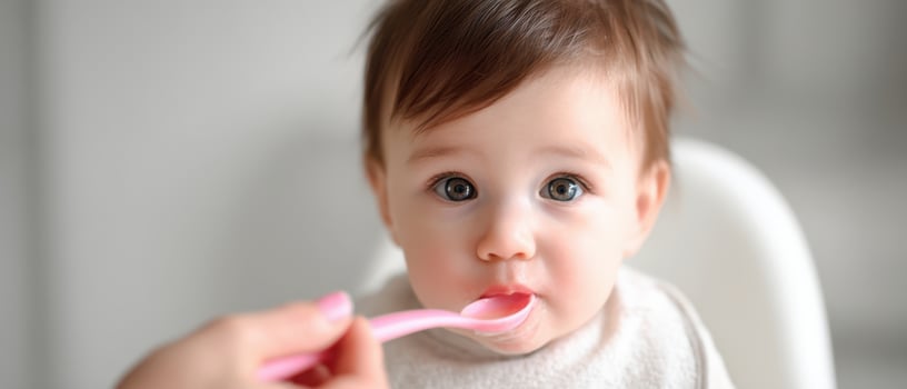 The adorable baby enjoying a meal with a bright pink spoon. photo