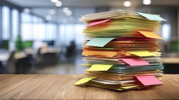 The cluttered stack of colorful documents in a modern office environment. photo