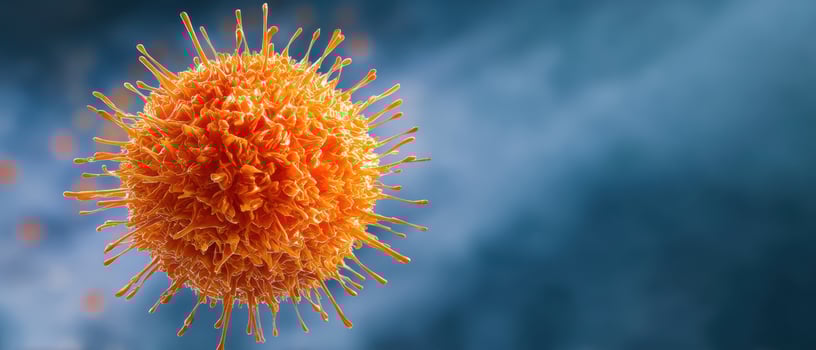 The vibrant orange virus depicted in detailed microscopic view. photo