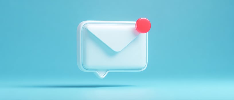 The modern envelope icon with a notification mark on a soft blue background. photo