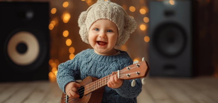 The joyful baby playing the ukulele with a cheerful smile in a cozy setting. photo