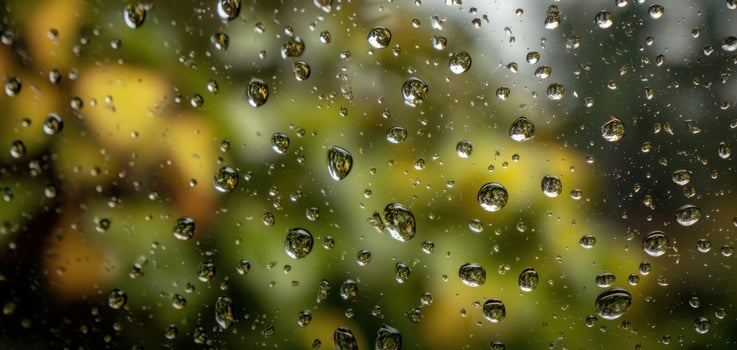 The peaceful view of raindrops on a window surrounded by greenery. photo