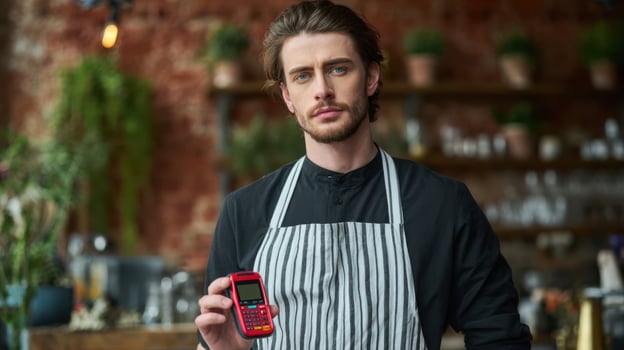 The confident chef displaying a digital ordering device in a stylish restaurant. photo