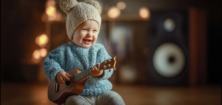 The joyful baby playing a ukulele in a cozy indoor setting. photo