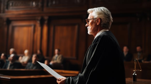 The judge delivering a solemn verdict in a quiet courtroom setting. photo